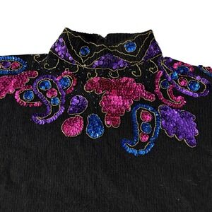 In Charge Vintage Sequin Flower Black Purple Sweater Pullover Womens Size Med‎